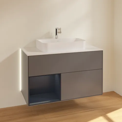 Bild von VILLEROY BOCH Finion Waschbeckenunterschrank, mit Beleuchtung, 2 Auszüge, 1000 x 603 x 501 mm, Anthracite Matt Lacquer / Midnight Blue Matt Lacquer / Glass White Matt #G361HGGK