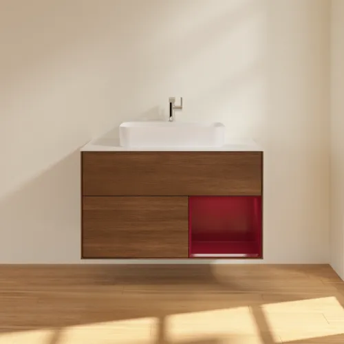 Bild von VILLEROY BOCH Finion Waschbeckenunterschrank, mit Beleuchtung, 2 Auszüge, 1000 x 603 x 501 mm, Walnut Veneer / Peony Matt Lacquer / Glass White Matt #G371HBGN