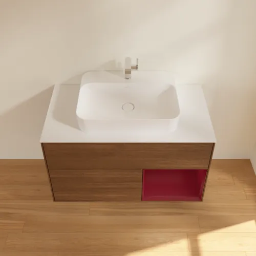 Bild von VILLEROY BOCH Finion Waschbeckenunterschrank, mit Beleuchtung, 2 Auszüge, 1000 x 603 x 501 mm, Walnut Veneer / Peony Matt Lacquer / Glass White Matt #G371HBGN