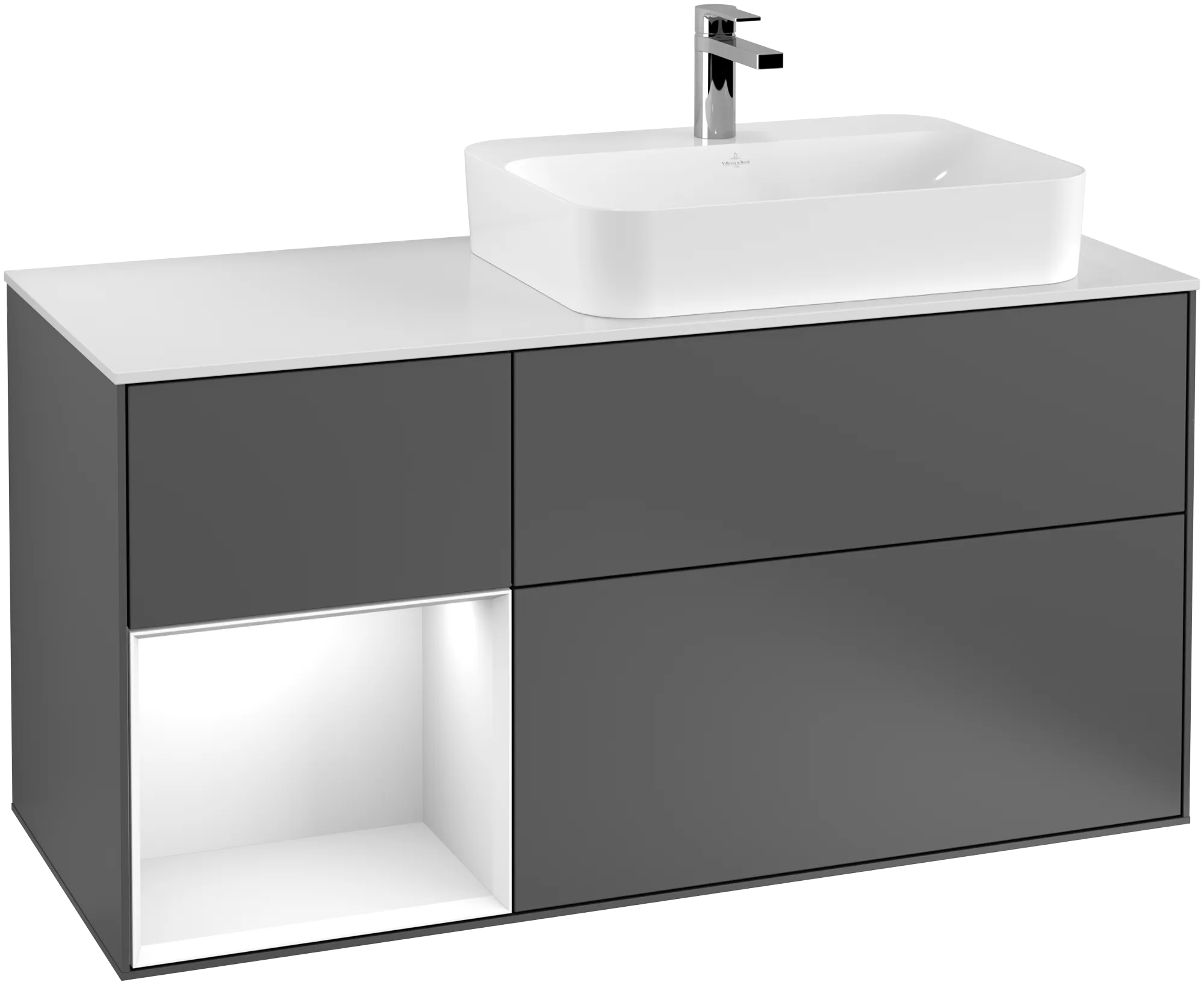 Obrázek VILLEROY BOCH Finion Vanity unit, with lighting, 3 pull-out compartments, 1200 x 603 x 501 mm, Anthracite Matt Lacquer / Glossy White Lacquer / Glass White Matt #G391GFGK