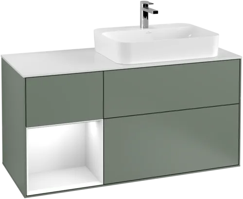 Obrázek VILLEROY BOCH Finion Vanity unit, with lighting, 3 pull-out compartments, 1200 x 603 x 501 mm, Olive Matt Lacquer / Glossy White Lacquer / Glass White Matt #G391GFGM
