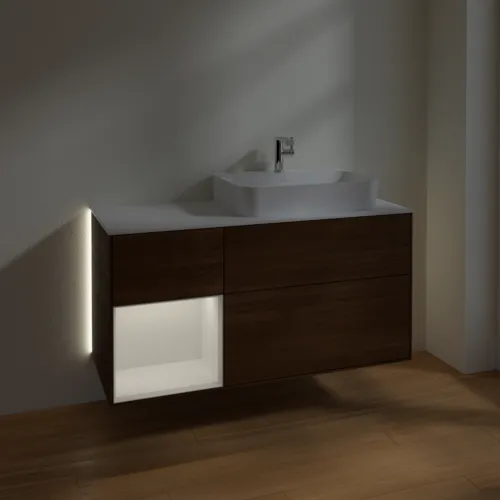 VILLEROY BOCH Finion Waschbeckenunterschrank, mit Beleuchtung, 3 Auszüge, 1200 x 603 x 501 mm, Walnut Veneer / Glossy White Lacquer / Glass White Matt #G391GFGN, Bild 5