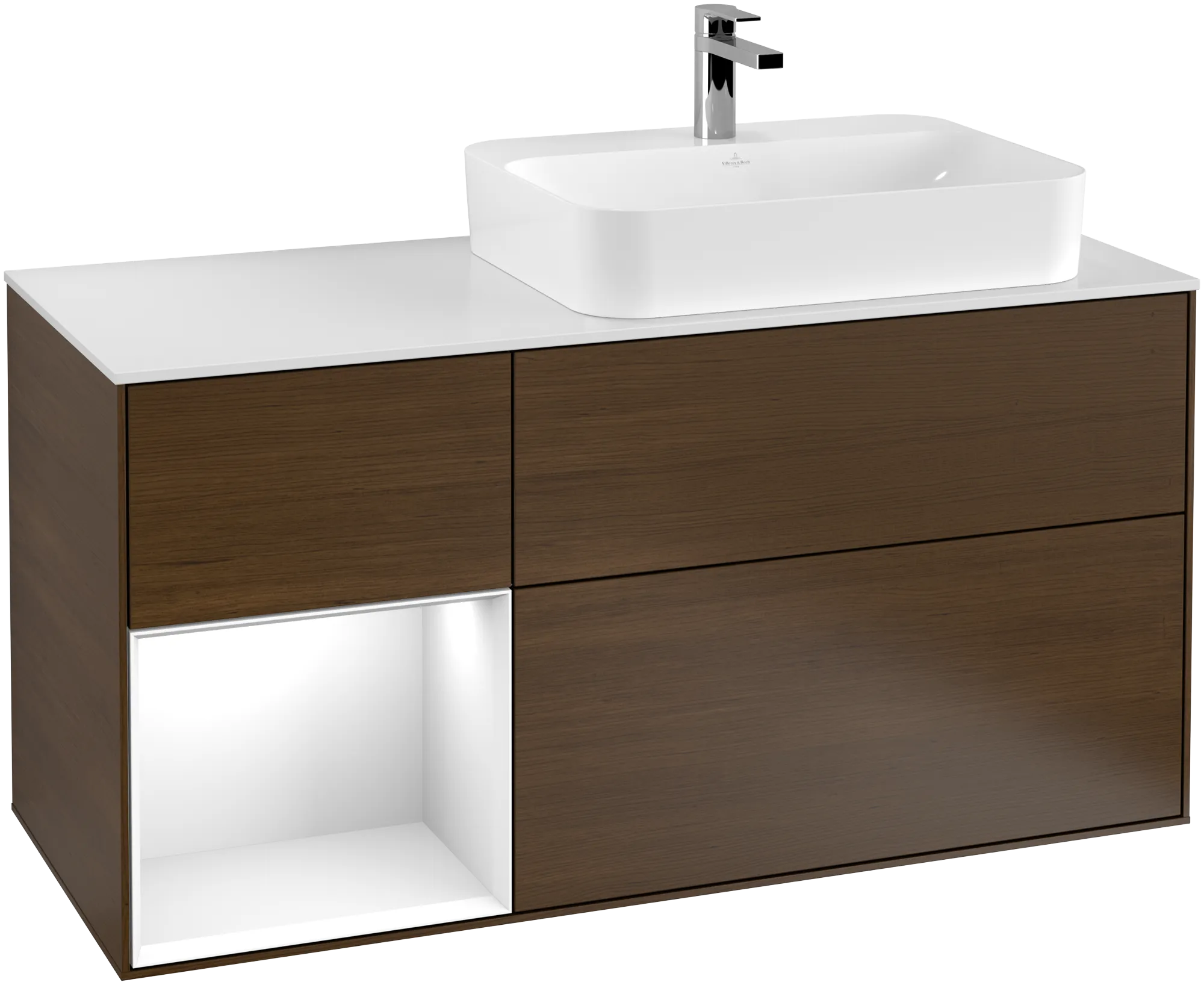 Picture of VILLEROY BOCH Finion Vanity unit, with lighting, 3 pull-out compartments, 1200 x 603 x 501 mm, Walnut Veneer / Glossy White Lacquer / Glass White Matt #G391GFGN