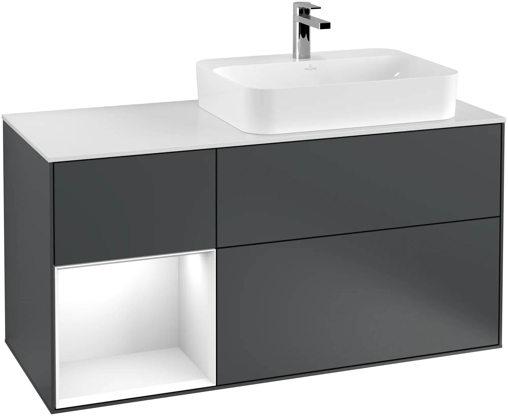 Obrázek VILLEROY BOCH Finion Vanity unit, with lighting, 3 pull-out compartments, 1200 x 603 x 501 mm, Midnight Blue Matt Lacquer / Glossy White Lacquer / Glass White Matt #G391GFHG