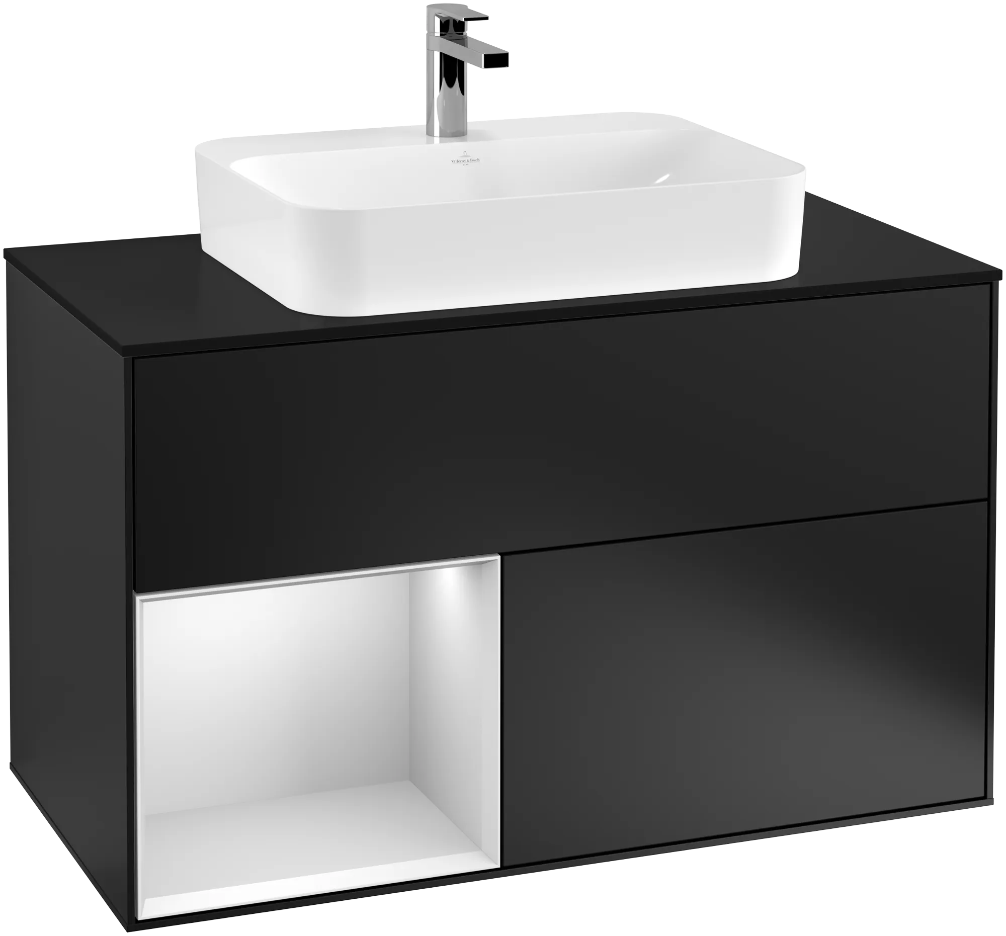 Obrázek VILLEROY BOCH Finion Vanity unit, with lighting, 2 pull-out compartments, 1000 x 603 x 501 mm, Black Matt Lacquer / White Matt Lacquer / Glass Black Matt #G362MTPD
