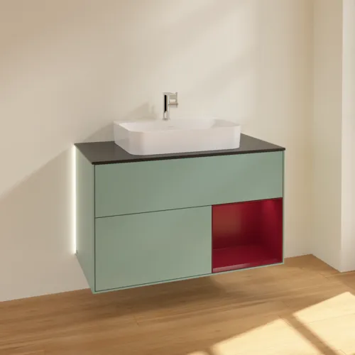 Bild von VILLEROY BOCH Finion Waschbeckenunterschrank, mit Beleuchtung, 2 Auszüge, 1000 x 603 x 501 mm, Olive Matt Lacquer / Peony Matt Lacquer / Glass Black Matt #G372HBGM