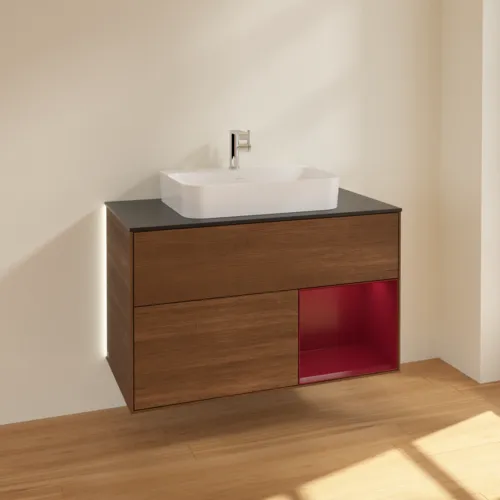 VILLEROY BOCH Finion Waschbeckenunterschrank, mit Beleuchtung, 2 Auszüge, 1000 x 603 x 501 mm, Walnut Veneer / Peony Matt Lacquer / Glass Black Matt #G372HBGN, Bild 2