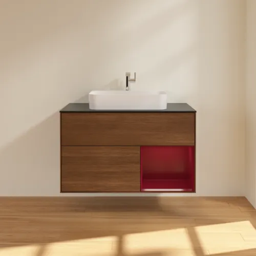 VILLEROY BOCH Finion Waschbeckenunterschrank, mit Beleuchtung, 2 Auszüge, 1000 x 603 x 501 mm, Walnut Veneer / Peony Matt Lacquer / Glass Black Matt #G372HBGN, Bild 3