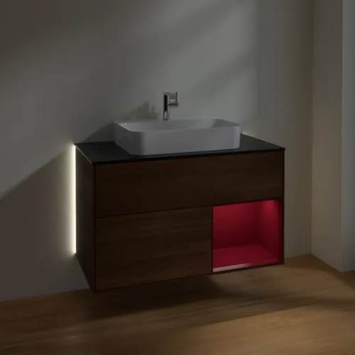 VILLEROY BOCH Finion Waschbeckenunterschrank, mit Beleuchtung, 2 Auszüge, 1000 x 603 x 501 mm, Walnut Veneer / Peony Matt Lacquer / Glass Black Matt #G372HBGN, Bild 5