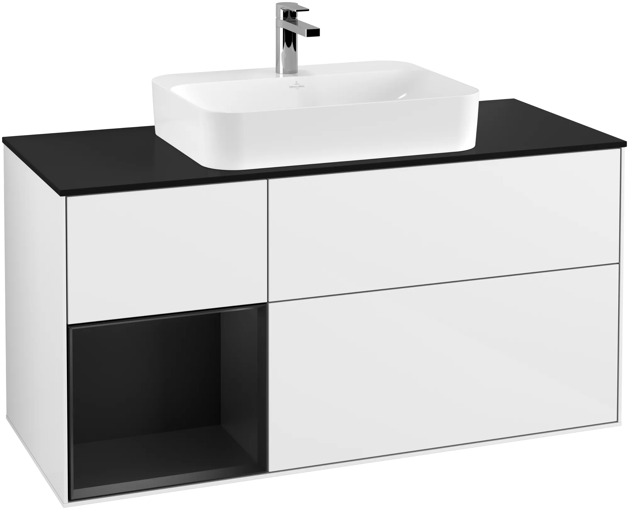 Picture of VILLEROY BOCH Finion Vanity unit, with lighting, 3 pull-out compartments, 1200 x 603 x 501 mm, Glossy White Lacquer / Black Matt Lacquer / Glass Black Matt #G412PDGF