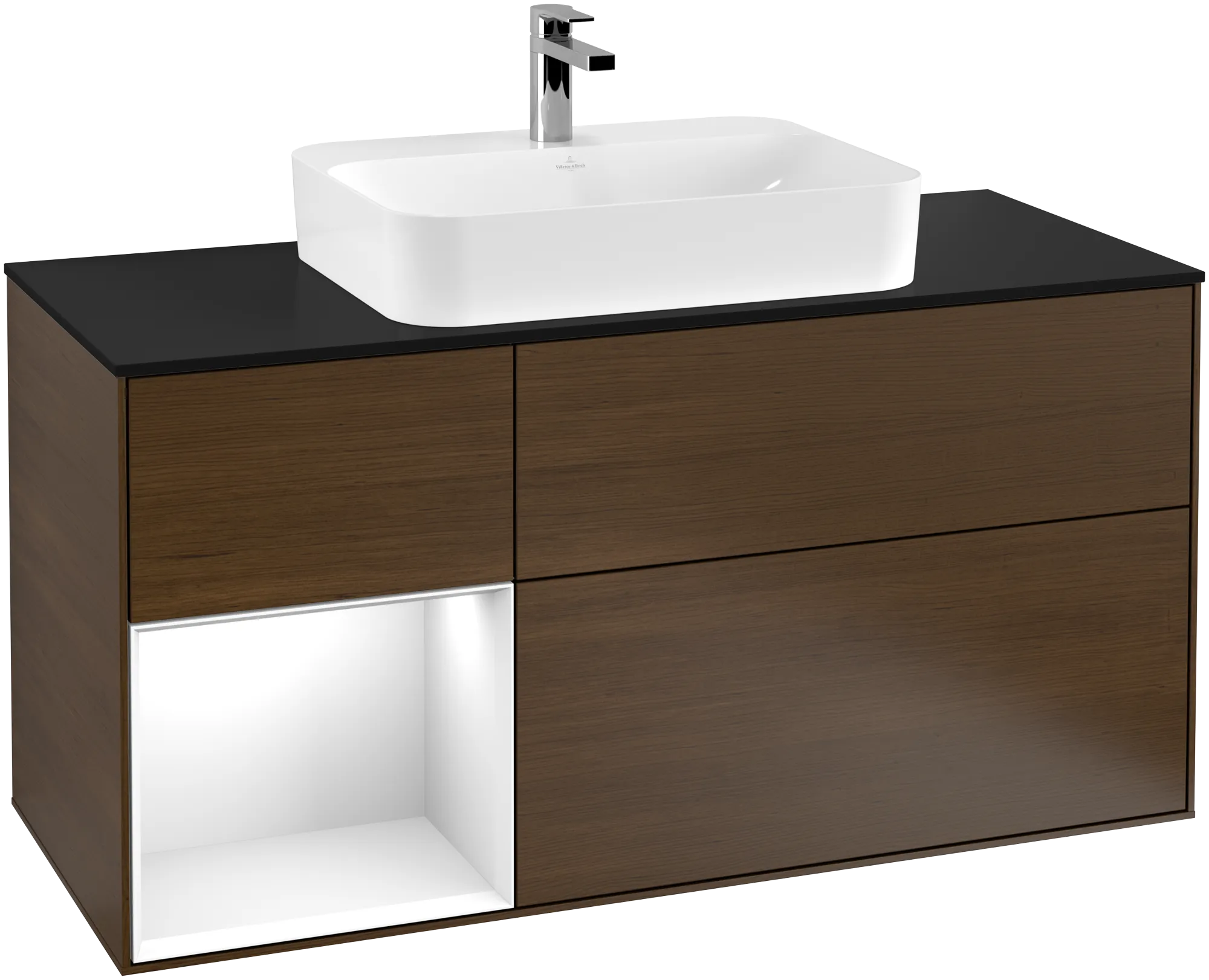 Picture of VILLEROY BOCH Finion Vanity unit, with lighting, 3 pull-out compartments, 1200 x 603 x 501 mm, Walnut Veneer / Glossy White Lacquer / Glass Black Matt #G412GFGN