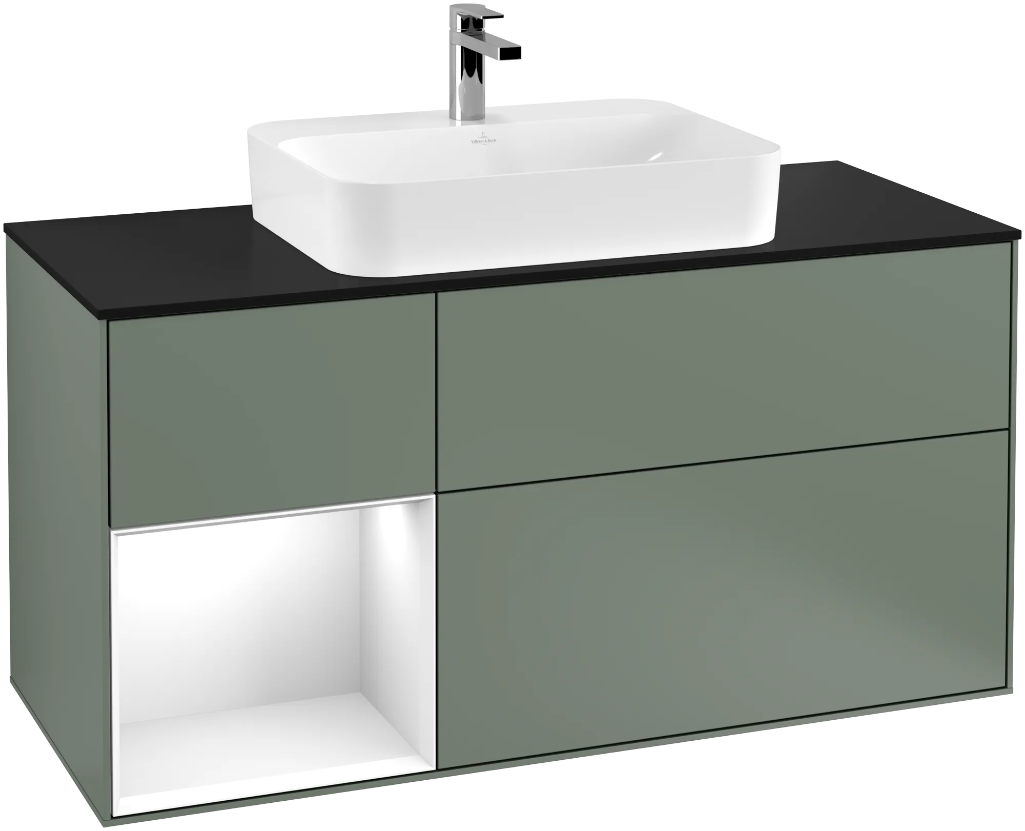 Picture of VILLEROY BOCH Finion Vanity unit, with lighting, 3 pull-out compartments, 1200 x 603 x 501 mm, Olive Matt Lacquer / Glossy White Lacquer / Glass Black Matt #G412GFGM