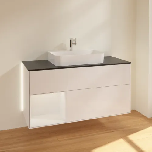Bild von VILLEROY BOCH Finion Waschbeckenunterschrank, mit Beleuchtung, 3 Auszüge, 1200 x 603 x 501 mm, Glossy White Lacquer / Glossy White Lacquer / Glass Black Matt #G412GFGF