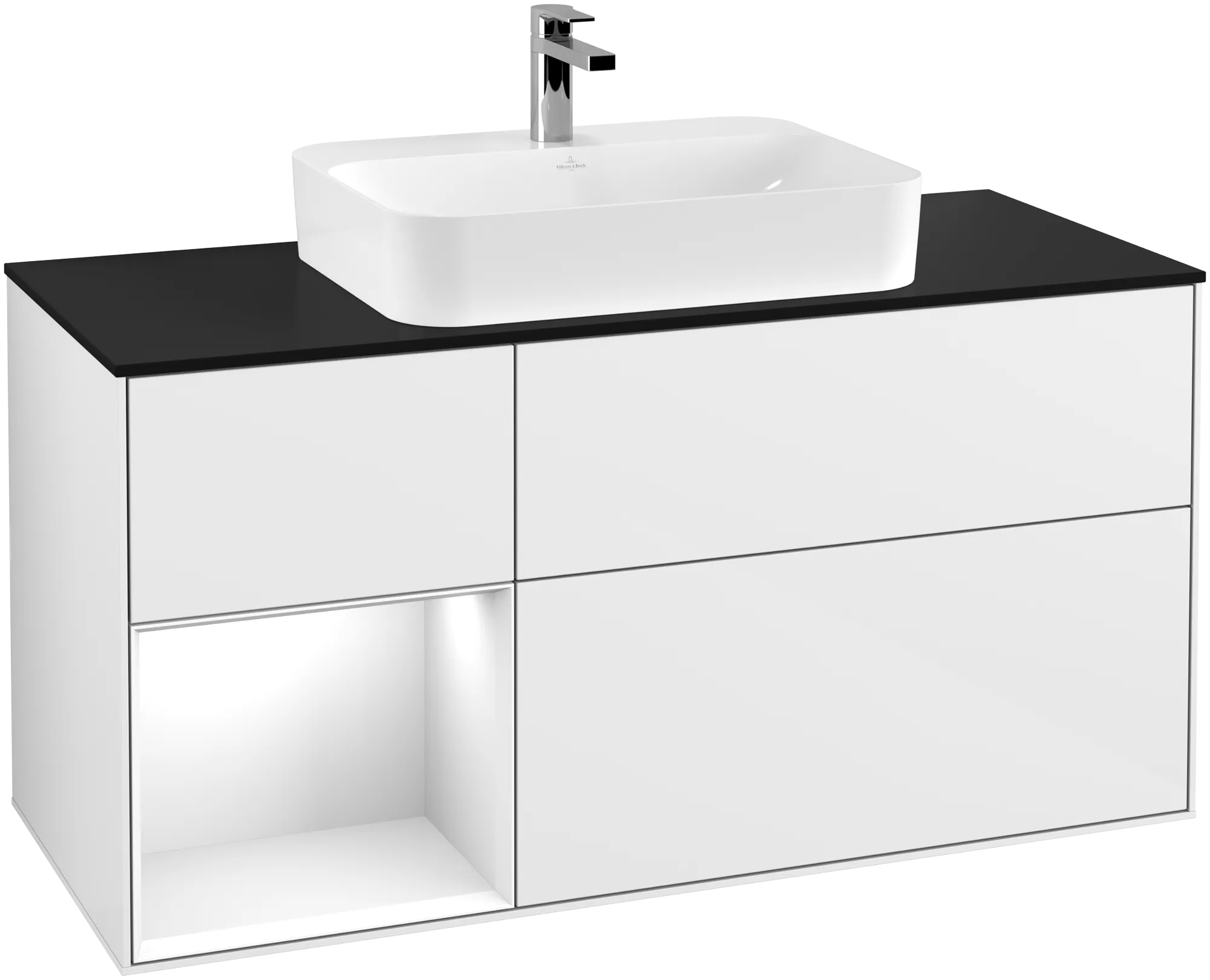 Picture of VILLEROY BOCH Finion Vanity unit, with lighting, 3 pull-out compartments, 1200 x 603 x 501 mm, Glossy White Lacquer / Glossy White Lacquer / Glass Black Matt #G412GFGF