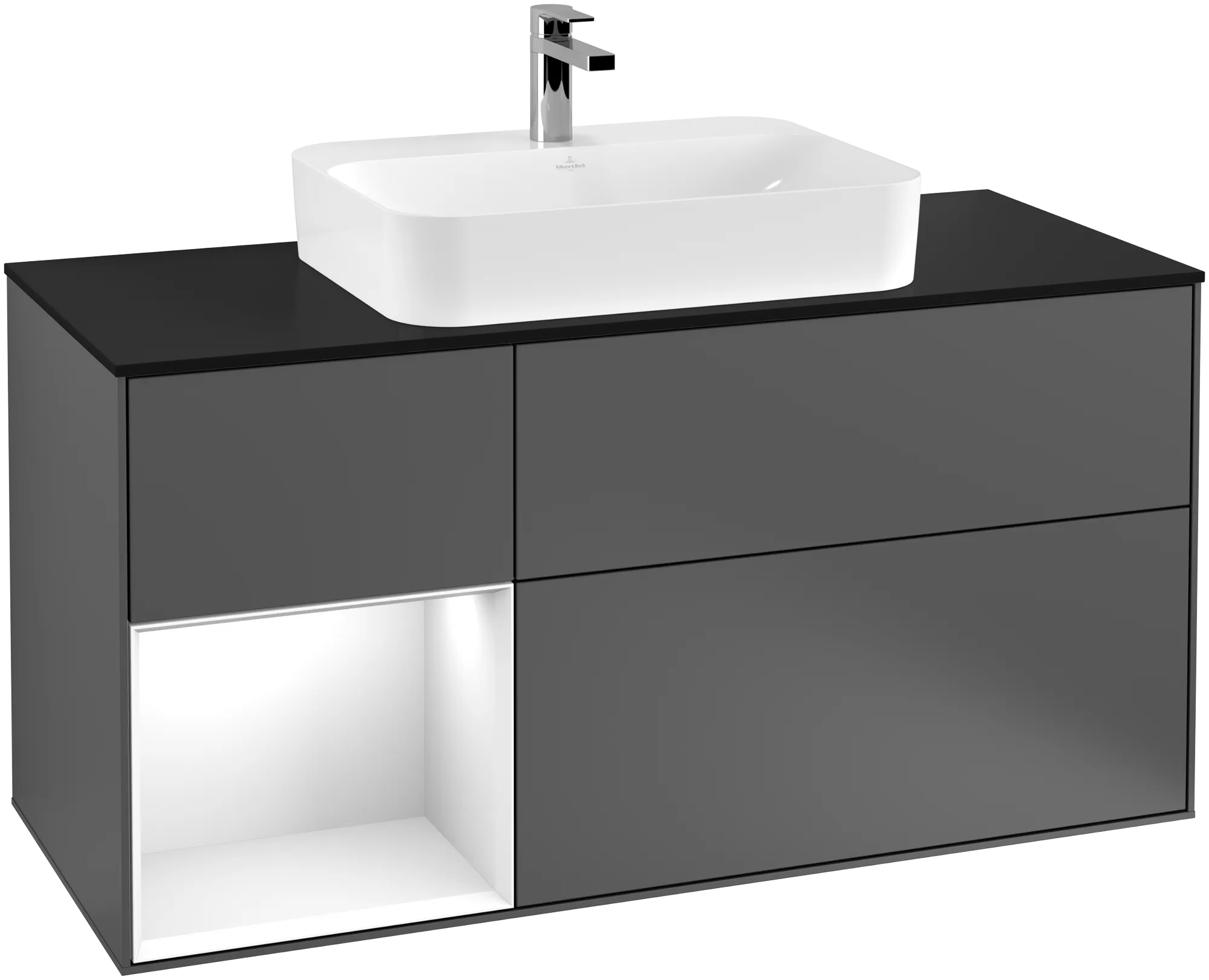Picture of VILLEROY BOCH Finion Vanity unit, with lighting, 3 pull-out compartments, 1200 x 603 x 501 mm, Anthracite Matt Lacquer / Glossy White Lacquer / Glass Black Matt #G412GFGK