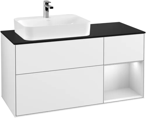 Picture of VILLEROY BOCH Finion Vanity unit, with lighting, 3 pull-out compartments, 1200 x 603 x 501 mm, Glossy White Lacquer / White Matt Lacquer / Glass Black Matt #G402MTGF