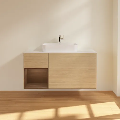 Bild von VILLEROY BOCH Finion Waschbeckenunterschrank, mit Beleuchtung, 3 Auszüge, 1200 x 603 x 501 mm, Oak Veneer / Walnut Veneer / Glass White Matt #G411GNPC