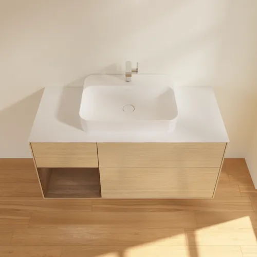 Bild von VILLEROY BOCH Finion Waschbeckenunterschrank, mit Beleuchtung, 3 Auszüge, 1200 x 603 x 501 mm, Oak Veneer / Walnut Veneer / Glass White Matt #G411GNPC