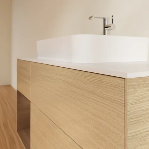 Bild von VILLEROY BOCH Finion Waschbeckenunterschrank, mit Beleuchtung, 3 Auszüge, 1200 x 603 x 501 mm, Oak Veneer / Walnut Veneer / Glass White Matt #G411GNPC