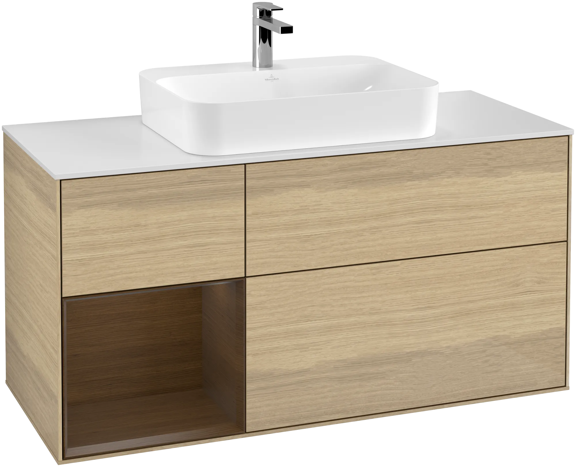 Picture of VILLEROY BOCH Finion Vanity unit, with lighting, 3 pull-out compartments, 1200 x 603 x 501 mm, Oak Veneer / Walnut Veneer / Glass White Matt #G411GNPC