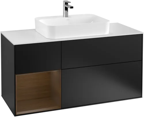Picture of VILLEROY BOCH Finion Vanity unit, with lighting, 3 pull-out compartments, 1200 x 603 x 501 mm, Black Matt Lacquer / Walnut Veneer / Glass White Matt #G411GNPD