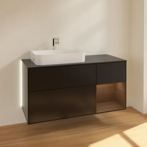 Bild von VILLEROY BOCH Finion Waschbeckenunterschrank, mit Beleuchtung, 3 Auszüge, 1200 x 603 x 501 mm, Black Matt Lacquer / Walnut Veneer / Glass Black Matt #G402GNPD