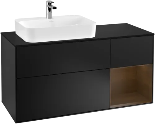 Picture of VILLEROY BOCH Finion Vanity unit, with lighting, 3 pull-out compartments, 1200 x 603 x 501 mm, Black Matt Lacquer / Walnut Veneer / Glass Black Matt #G402GNPD