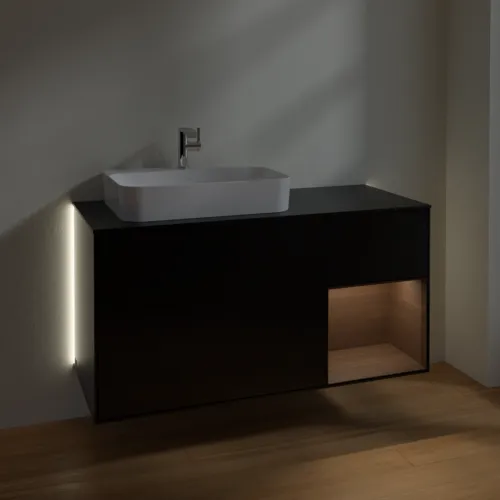 Bild von VILLEROY BOCH Finion Waschbeckenunterschrank, mit Beleuchtung, 3 Auszüge, 1200 x 603 x 501 mm, Black Matt Lacquer / Walnut Veneer / Glass Black Matt #G402GNPD