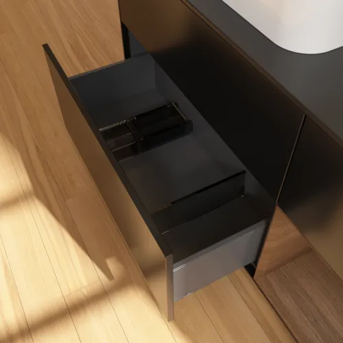 Bild von VILLEROY BOCH Finion Waschbeckenunterschrank, mit Beleuchtung, 3 Auszüge, 1200 x 603 x 501 mm, Black Matt Lacquer / Walnut Veneer / Glass Black Matt #G402GNPD