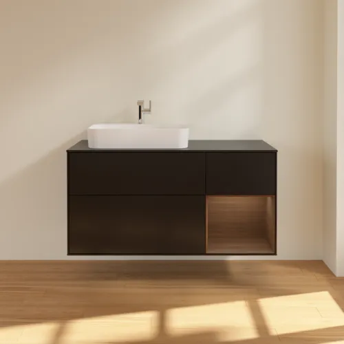 Bild von VILLEROY BOCH Finion Waschbeckenunterschrank, mit Beleuchtung, 3 Auszüge, 1200 x 603 x 501 mm, Black Matt Lacquer / Walnut Veneer / Glass Black Matt #G402GNPD