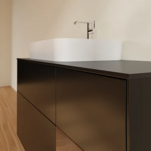 Bild von VILLEROY BOCH Finion Waschbeckenunterschrank, mit Beleuchtung, 3 Auszüge, 1200 x 603 x 501 mm, Black Matt Lacquer / Walnut Veneer / Glass Black Matt #G402GNPD