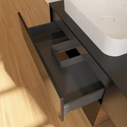 Bild von VILLEROY BOCH Finion Waschbeckenunterschrank, mit Beleuchtung, 3 Auszüge, 1200 x 603 x 501 mm, Black Matt Lacquer / Walnut Veneer / Glass Black Matt #G402GNPD