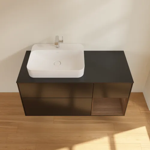 Bild von VILLEROY BOCH Finion Waschbeckenunterschrank, mit Beleuchtung, 3 Auszüge, 1200 x 603 x 501 mm, Black Matt Lacquer / Walnut Veneer / Glass Black Matt #G402GNPD
