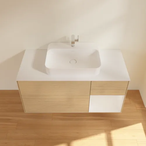 Bild von VILLEROY BOCH Finion Waschbeckenunterschrank, mit Beleuchtung, 3 Auszüge, 1200 x 603 x 501 mm, Oak Veneer / Glossy White Lacquer / Glass White Matt #G421GFPC