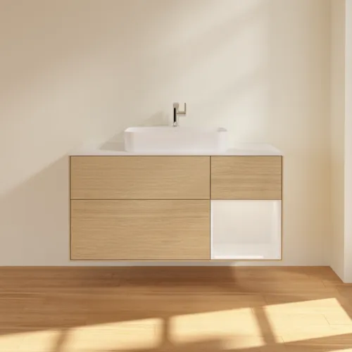 Bild von VILLEROY BOCH Finion Waschbeckenunterschrank, mit Beleuchtung, 3 Auszüge, 1200 x 603 x 501 mm, Oak Veneer / Glossy White Lacquer / Glass White Matt #G421GFPC