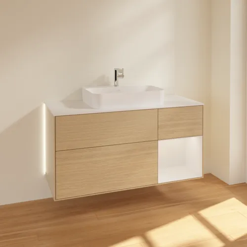 Bild von VILLEROY BOCH Finion Waschbeckenunterschrank, mit Beleuchtung, 3 Auszüge, 1200 x 603 x 501 mm, Oak Veneer / Glossy White Lacquer / Glass White Matt #G421GFPC