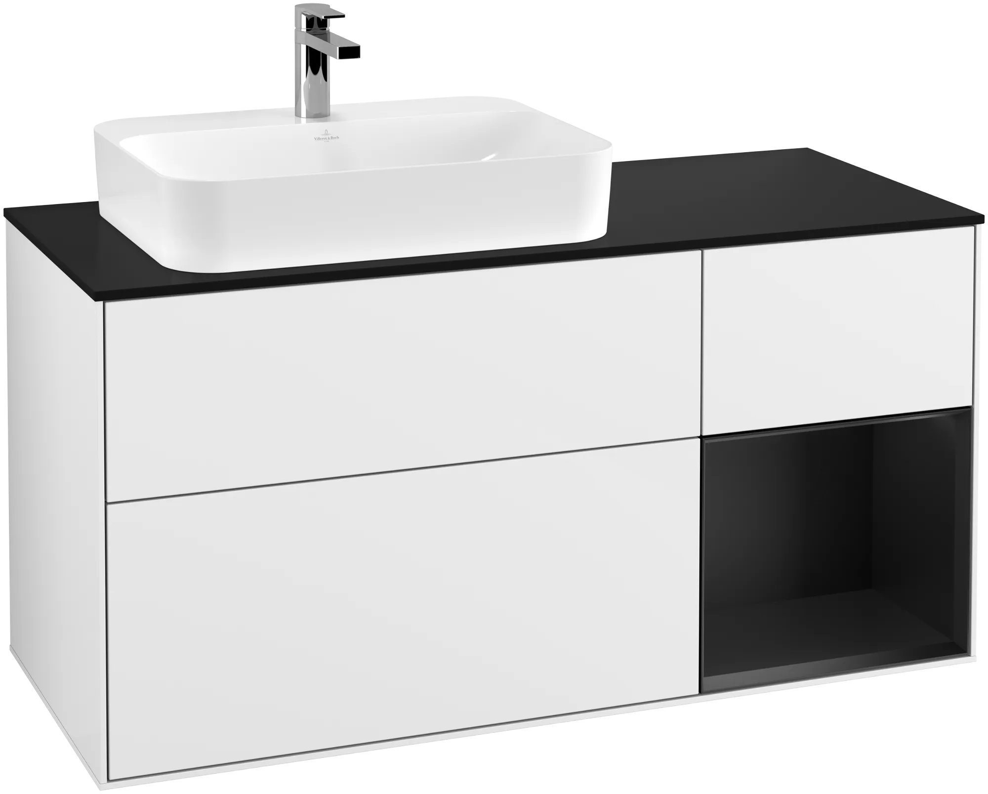 Picture of VILLEROY BOCH Finion Vanity unit, with lighting, 3 pull-out compartments, 1200 x 603 x 501 mm, Glossy White Lacquer / Black Matt Lacquer / Glass Black Matt #G402PDGF