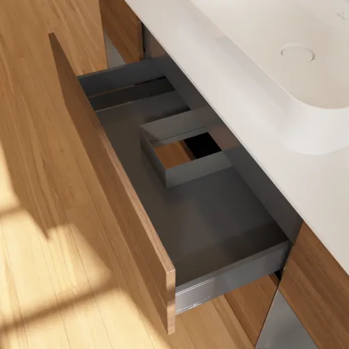 Bild von VILLEROY BOCH Finion Waschbeckenunterschrank, mit Beleuchtung, 4 Auszüge, 1600 x 603 x 501 mm, Walnut Veneer / Anthracite Matt Lacquer / Glass White Matt #G451GKGN