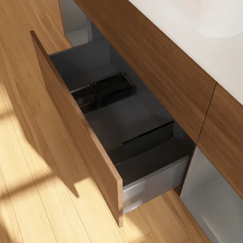 Bild von VILLEROY BOCH Finion Waschbeckenunterschrank, mit Beleuchtung, 4 Auszüge, 1600 x 603 x 501 mm, Walnut Veneer / Anthracite Matt Lacquer / Glass White Matt #G451GKGN