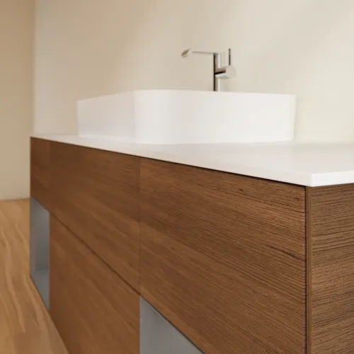 Bild von VILLEROY BOCH Finion Waschbeckenunterschrank, mit Beleuchtung, 4 Auszüge, 1600 x 603 x 501 mm, Walnut Veneer / Anthracite Matt Lacquer / Glass White Matt #G451GKGN