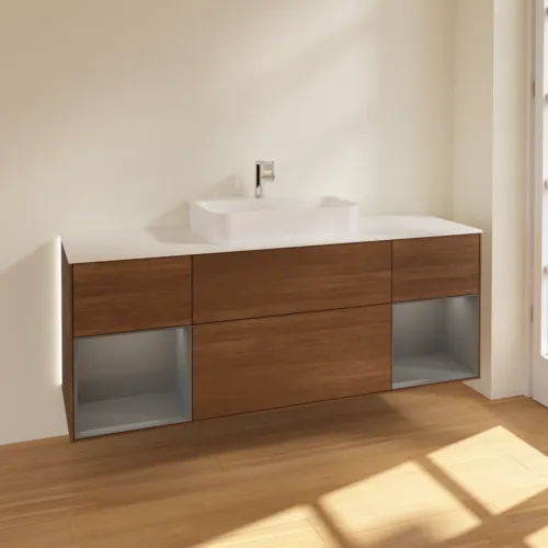 Bild von VILLEROY BOCH Finion Waschbeckenunterschrank, mit Beleuchtung, 4 Auszüge, 1600 x 603 x 501 mm, Walnut Veneer / Anthracite Matt Lacquer / Glass White Matt #G451GKGN