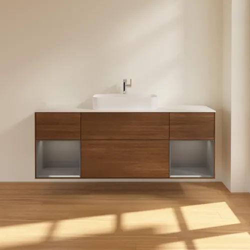 Bild von VILLEROY BOCH Finion Waschbeckenunterschrank, mit Beleuchtung, 4 Auszüge, 1600 x 603 x 501 mm, Walnut Veneer / Anthracite Matt Lacquer / Glass White Matt #G451GKGN