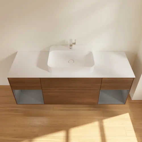 Bild von VILLEROY BOCH Finion Waschbeckenunterschrank, mit Beleuchtung, 4 Auszüge, 1600 x 603 x 501 mm, Walnut Veneer / Anthracite Matt Lacquer / Glass White Matt #G451GKGN