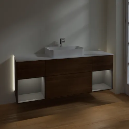Bild von VILLEROY BOCH Finion Waschbeckenunterschrank, mit Beleuchtung, 4 Auszüge, 1600 x 603 x 501 mm, Walnut Veneer / Anthracite Matt Lacquer / Glass White Matt #G451GKGN