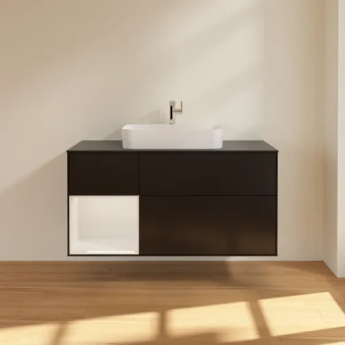 Obrázek VILLEROY BOCH Finion Vanity unit, with lighting, 3 pull-out compartments, 1200 x 603 x 501 mm, Black Matt Lacquer / Glossy White Lacquer / Glass Black Matt #G412GFPD