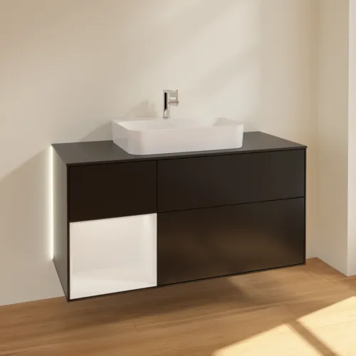 Obrázek VILLEROY BOCH Finion Vanity unit, with lighting, 3 pull-out compartments, 1200 x 603 x 501 mm, Black Matt Lacquer / Glossy White Lacquer / Glass Black Matt #G412GFPD