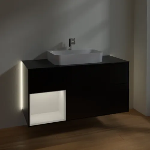 Obrázek VILLEROY BOCH Finion Vanity unit, with lighting, 3 pull-out compartments, 1200 x 603 x 501 mm, Black Matt Lacquer / Glossy White Lacquer / Glass Black Matt #G412GFPD