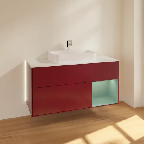Obrázek VILLEROY BOCH Finion Vanity unit, with lighting, 3 pull-out compartments, 1200 x 603 x 501 mm, Peony Matt Lacquer / Olive Matt Lacquer / Glass White Matt #G421GMHB
