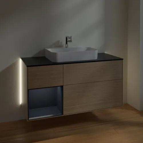Obrázek VILLEROY BOCH Finion Vanity unit, with lighting, 3 pull-out compartments, 1200 x 603 x 501 mm, Oak Veneer / Midnight Blue Matt Lacquer / Glass Black Matt #G412HGPC