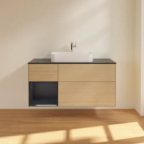Obrázek VILLEROY BOCH Finion Vanity unit, with lighting, 3 pull-out compartments, 1200 x 603 x 501 mm, Oak Veneer / Midnight Blue Matt Lacquer / Glass Black Matt #G412HGPC